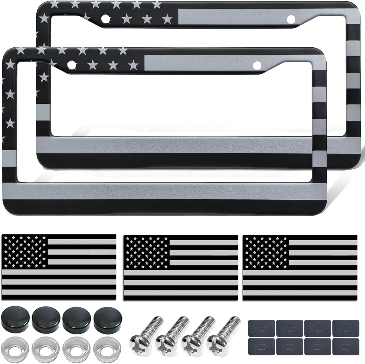 American Flag License Plate Frames - 2 Pack Black Stainless Steel Front Rear Car Tag Frames Printed with Patriotic USA Flag Pattern, with Decals Screws Caps