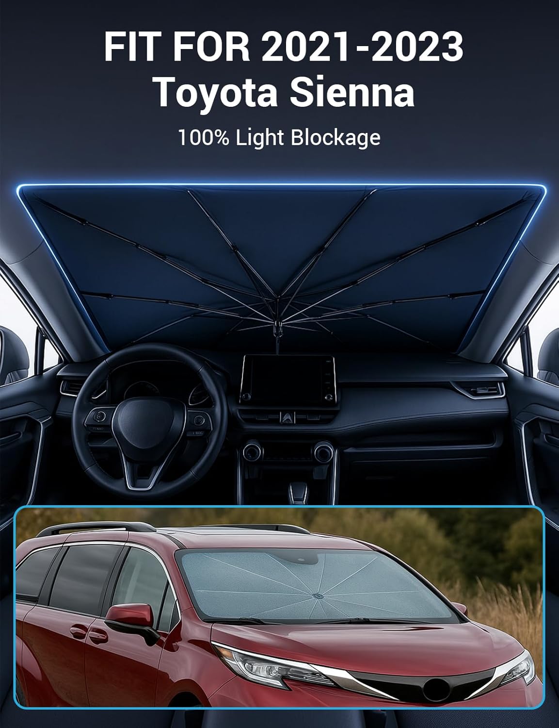 Proadsy Windshield Sun Shade Umbrella for Toyota Sienna 2021-2025 2026 Foldable Car Umbrella Sunshade with Soft TPU Handle Spring Structure Crystal Cooling Material Protect Car from Rays & Heat