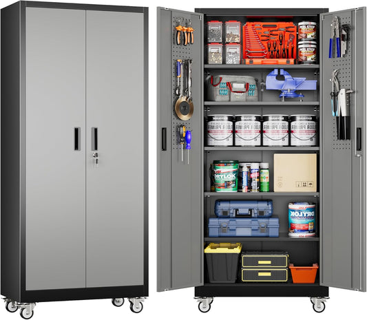 Garage Storage Cabinet with Pegboard and 5 Adjustable Shelves, 71'' x 32'' x 16''Metal Lockable Cabinet with Magnetic Doors,Tool Storage,Home Office Garage,Gym,School (Black-Grey)