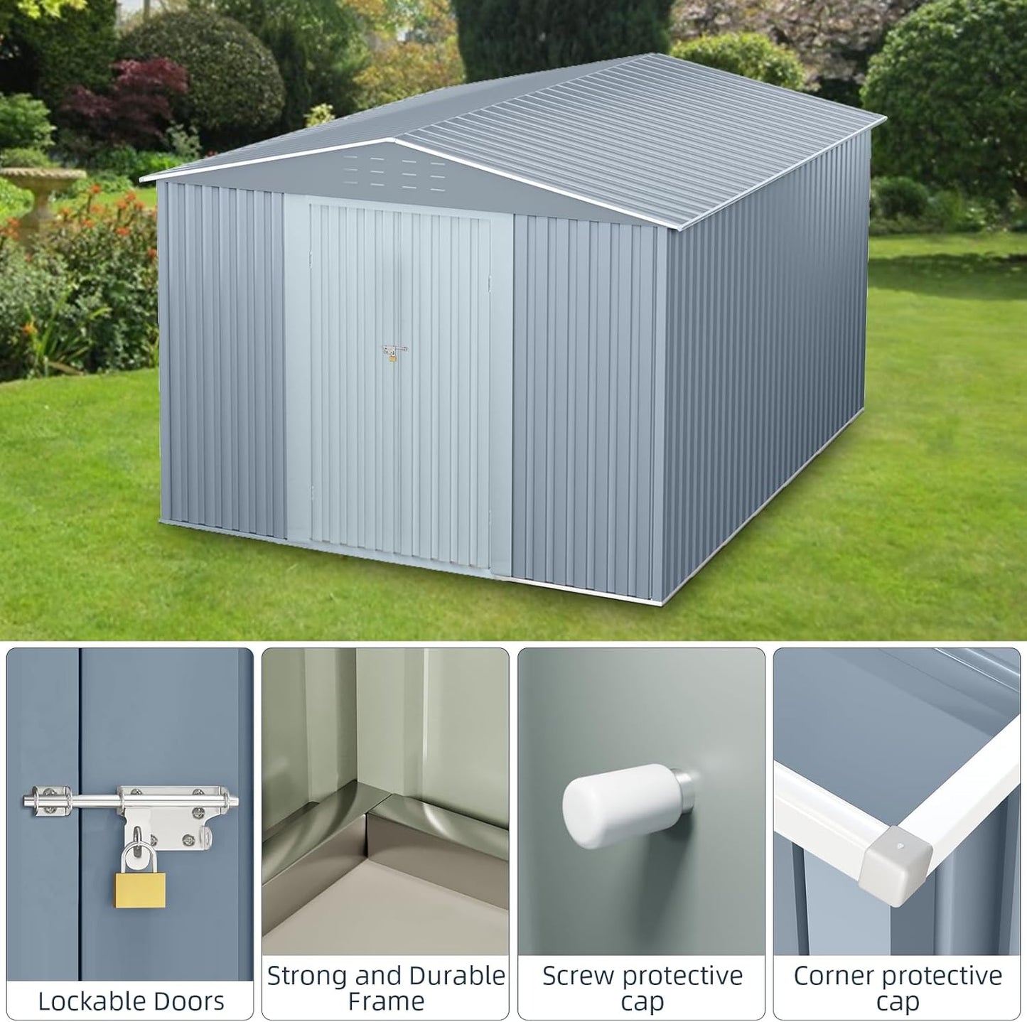 10x10FT Outdoor Metal Storage Shed, Lockable Weatherproof Garden Shed for Tools & Equipment, Durable Galvanized Steel with Sloping Roof & Ventilation, Ideal for Backyard, Patio & Garage Storage, Grey
