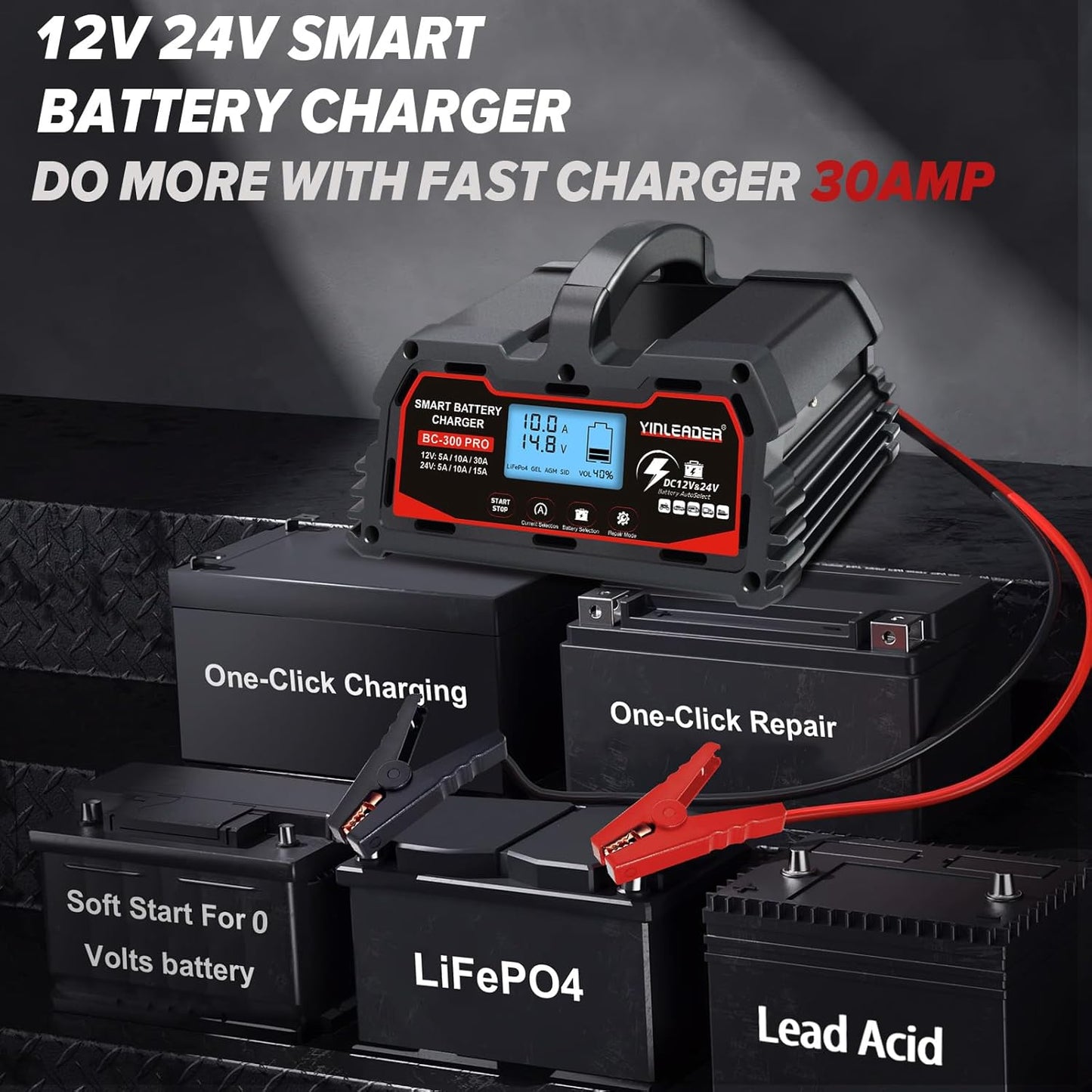 Battery Charger 30A, 12V/24V Lead Acid Smart Battery Charger, 12V LiFePO4 Car Battery Trickle Charger, Automatic Battery Maintainer for Car Motorcycle Lawn Mower Marine Boat Lead Acid Batteries