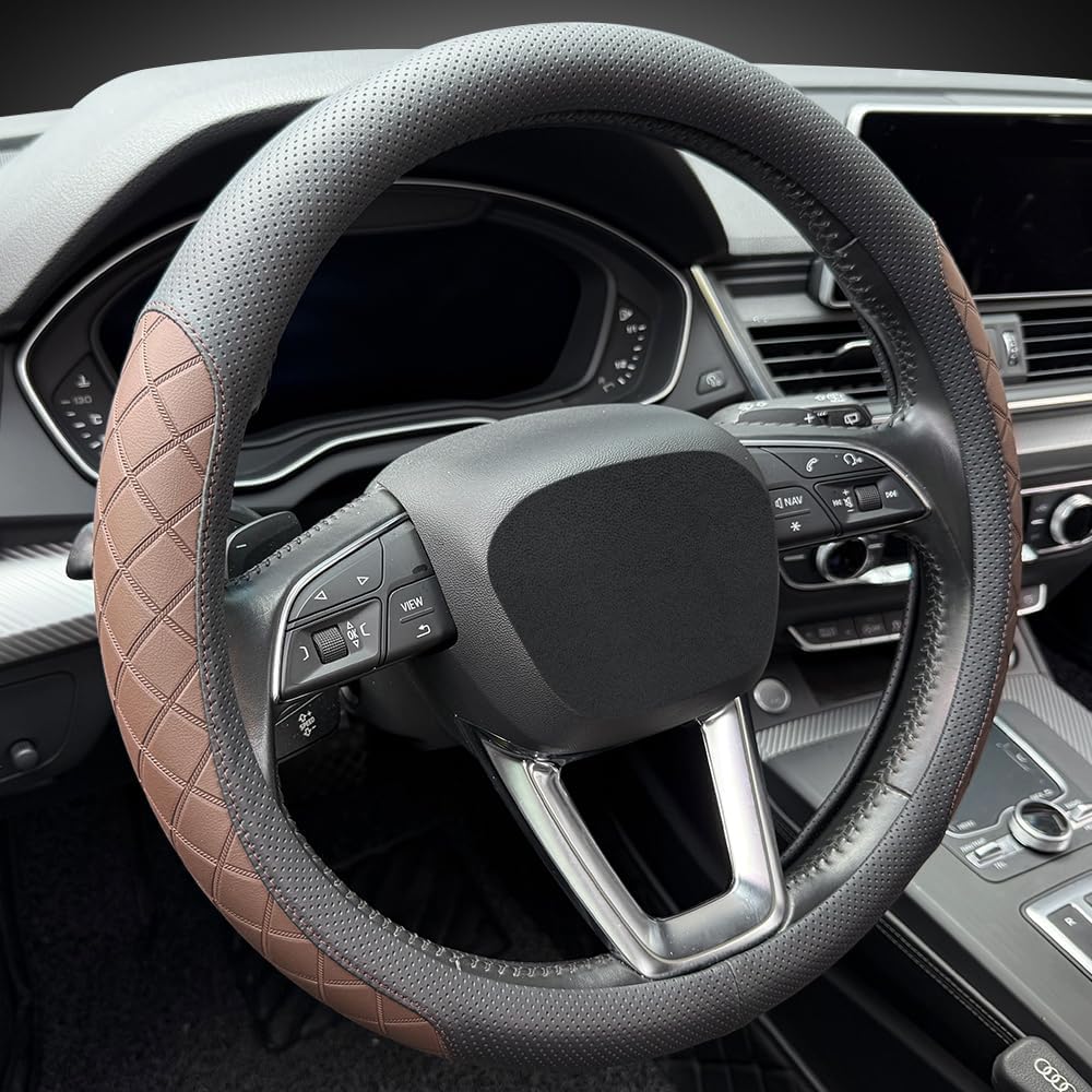 LKWLIKEI Nappa Leather Steering Wheel Cover,Elegant Diamond Checkered Design, Non-Slip wear-Resistant, Enhance Driving Comfort, Suitable for Steering Wheel Diameter 14 1/2‘-15’ Models.Black Brown