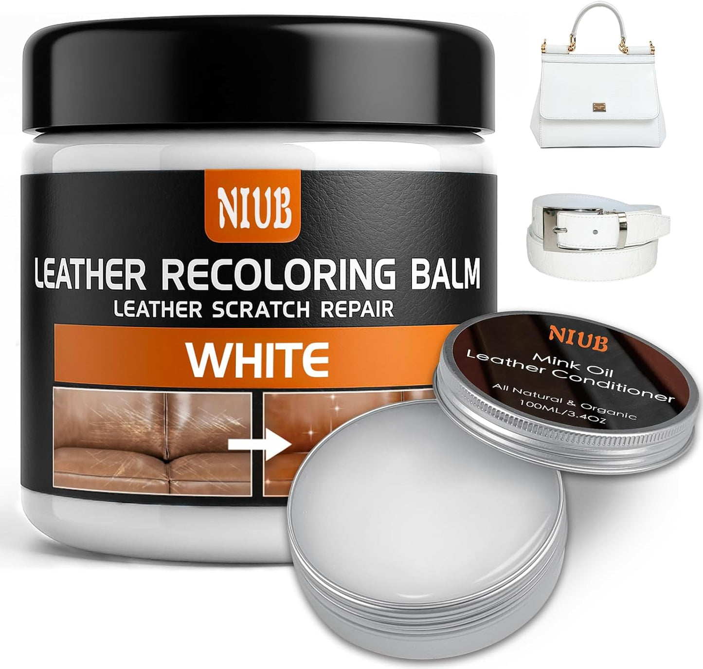 Leather Recoloring Balm Leather Color Restorer Scratch Repair Leather Paint for Furniture Couches Car Seats Shoes Bags Leather Dye and Scratched Leather with Leather Conditioner - White