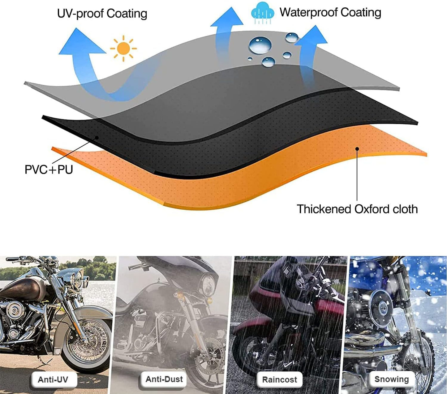 Motorcycle Cover All Season, Universal Waterproof Weather Sun Outdoor Protection Motorbike Cover, Scooter Shelter, Heavy-Duty Motorcycles Vehicle Cover, Fits Up to 96" Motors