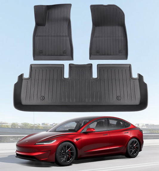 2025 New Version Floor Mats for Tesla Model 3 Highland - Custom Fit All Weather TPE Front & Rear Row Mats, 3-Piece