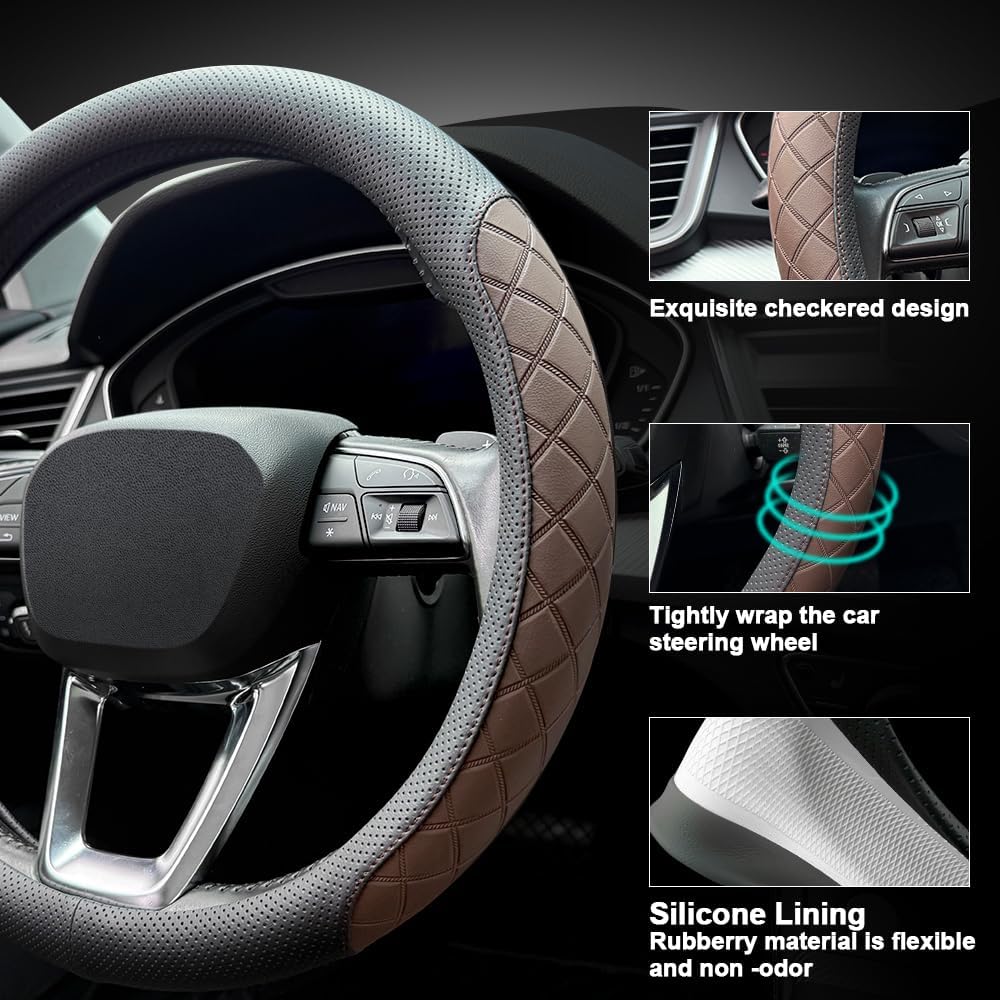 LKWLIKEI Nappa Leather Steering Wheel Cover,Elegant Diamond Checkered Design, Non-Slip wear-Resistant, Enhance Driving Comfort, Suitable for Steering Wheel Diameter 14 1/2‘-15’ Models.Black Brown