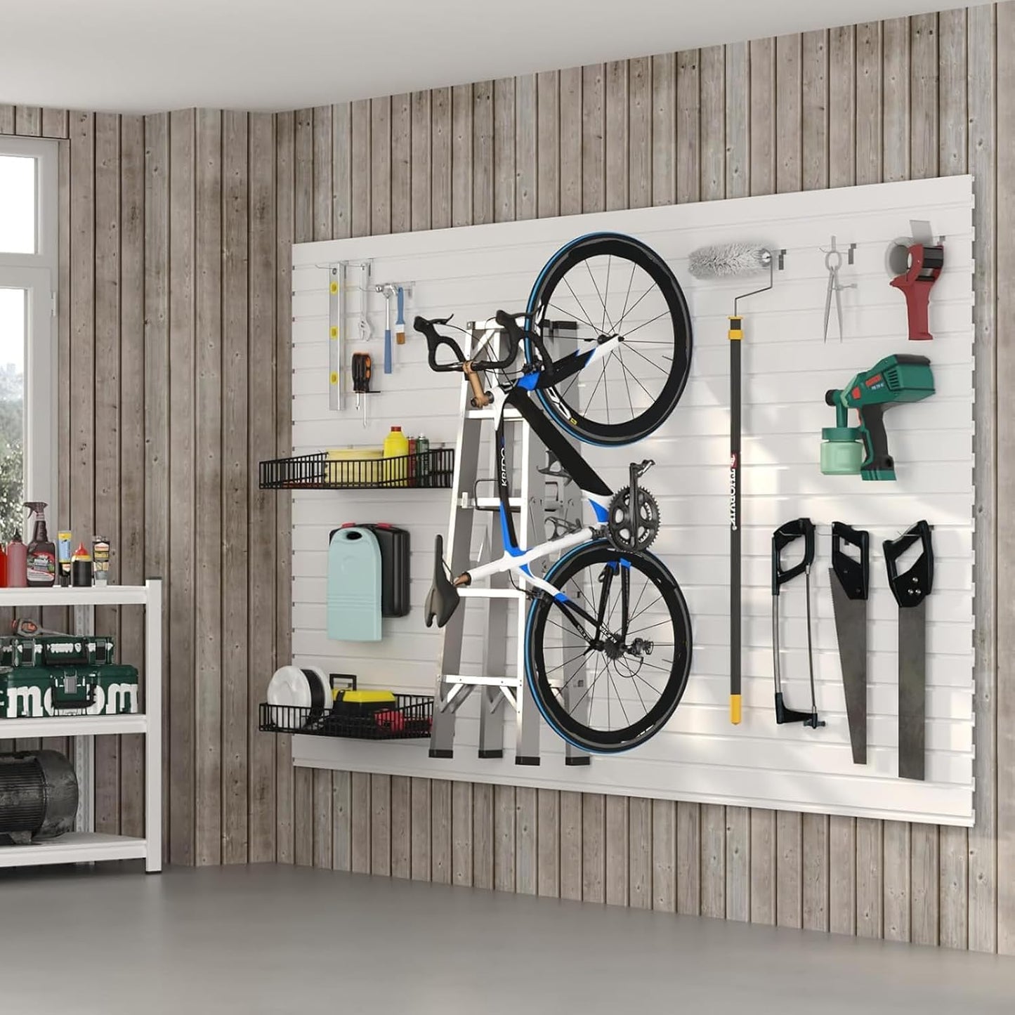 Slatwall Panel Wall Storage Systems, 4x8 ft Slat Wall Paneling Garage Wall Organizer with Five Hooks, Heavy Duty Wall Mounted PVC Wall Rack, White