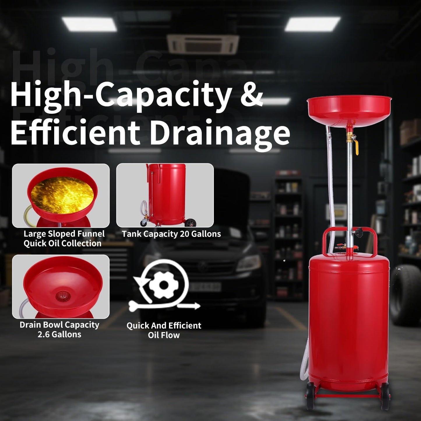 XtremepowerUS 20 Gallon Portable Waste Oil Drain Tank Air Operated Drainage Adjustable Funnel Height with Wheel, Red