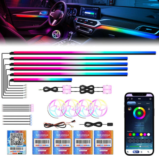 New Version Dreamcolor Acrylic Car Interior Lights 22 in 1 RGB LED Strip Lights APP Control Zoned Control System 252 Color Modes DIY Fiber Optic Ambient Lighting Kits Music Car Neon Lights