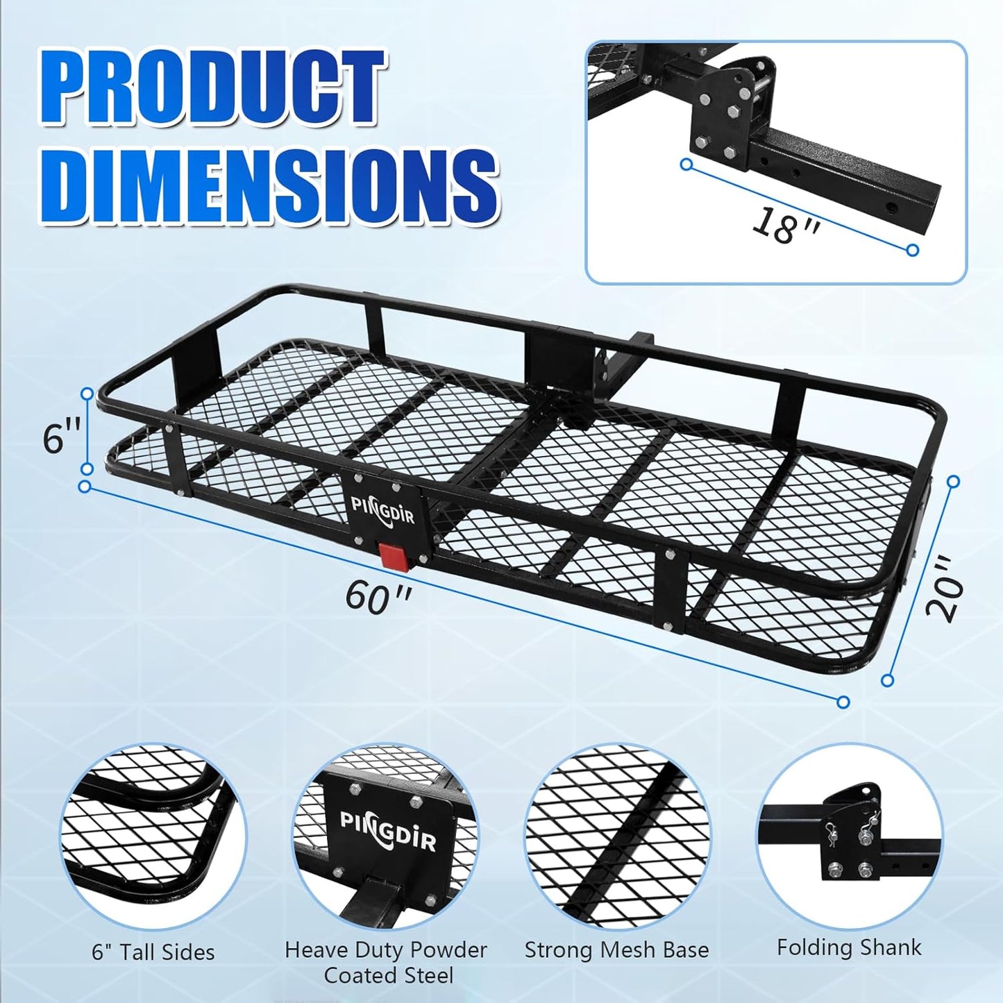 Folding Hitch Mount Cargo Carrier Hitch Rack Basket 60"*21.5"*6" Hauling Weight Capacity of 500 Lbs, Waterproof Cargo Bag 58" 19" 24", with Hitch Stabilizer,Cargo Net and Ratchet Straps