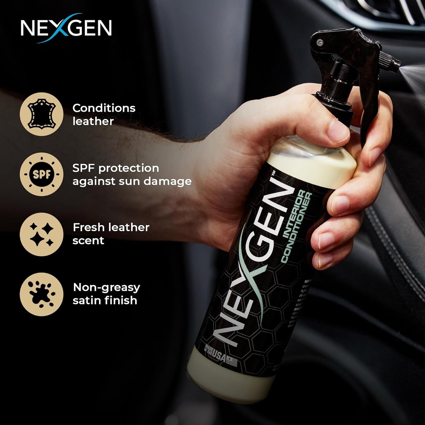 Nexgen Interior Conditioner (16oz) - Non-Greasy, UV-Blocking Formula - Fresh Leather Scent - On-The-Go Car Detailing - Car Cleaning Supplies - for Car Seats, Dashboards, Door Panels, & More