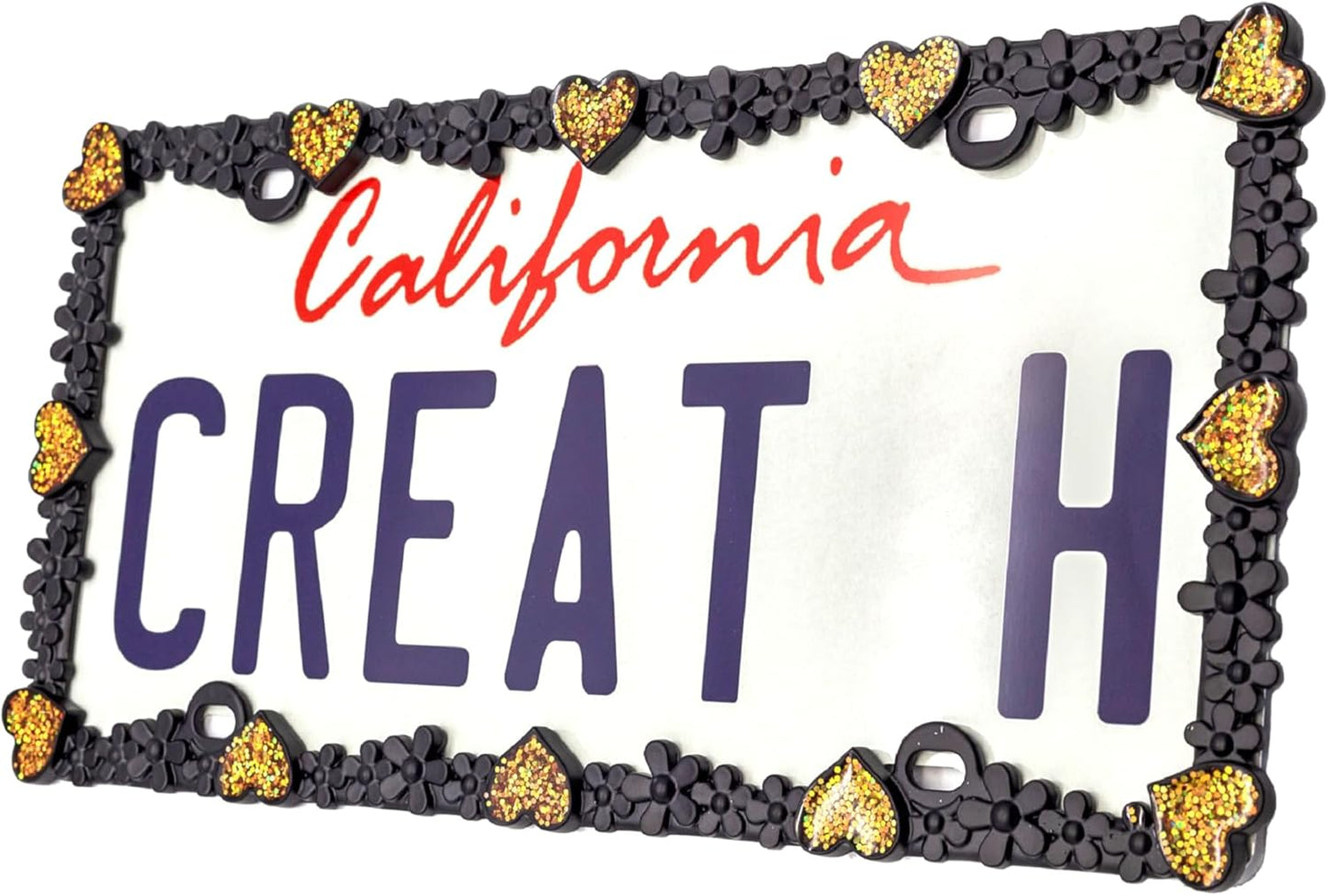 Creathome 3D Shining Daisy Heart License Plate Frame from Pure Zinc Alloy Metal Perfect Plate Holder, Matt Black with Gold Glitter, Luminously Heart