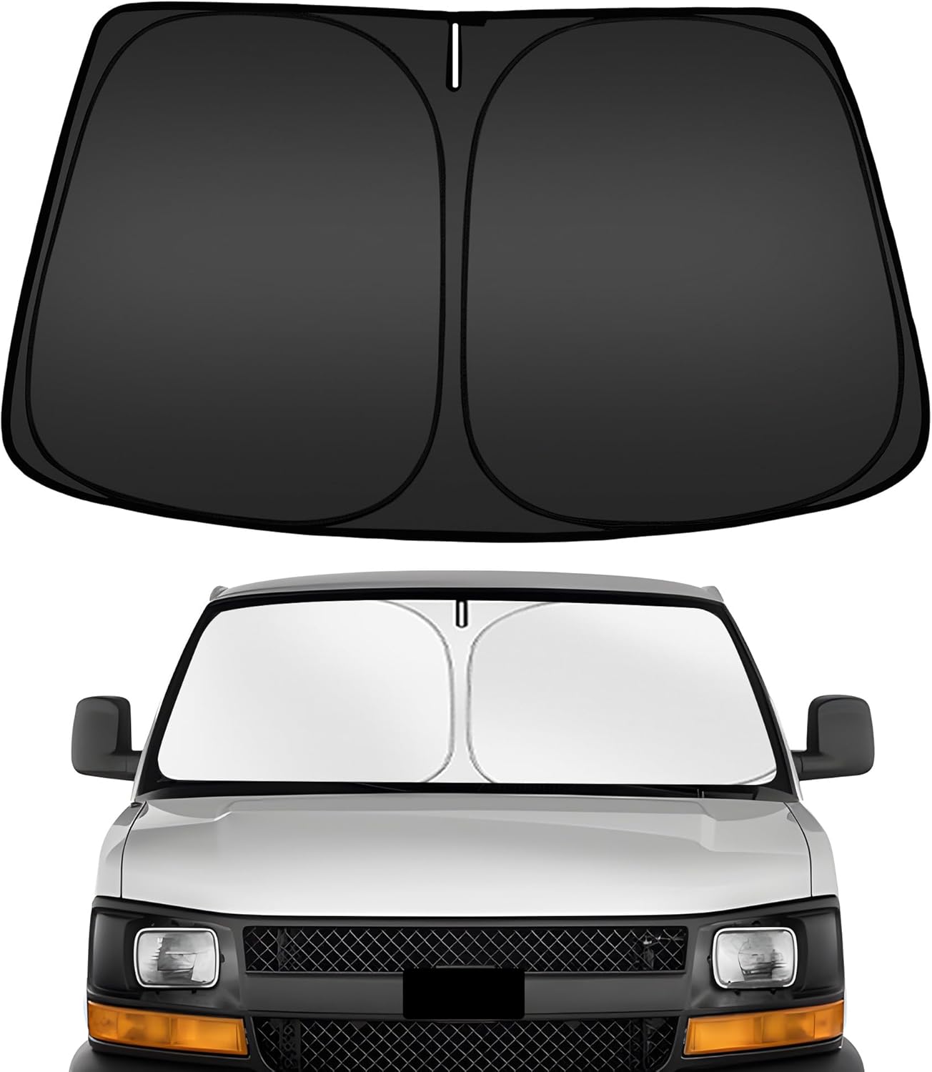 ARISMOTOR Windshield Sun Shade for Che-vrolet Chevy Express Cargo Van 1500 2500 3500 4500 1996-2026, Custom Fit Foldable Front Window Sunshade Sun Visor Protector, Block UV Rays Keep Your Car Cooler