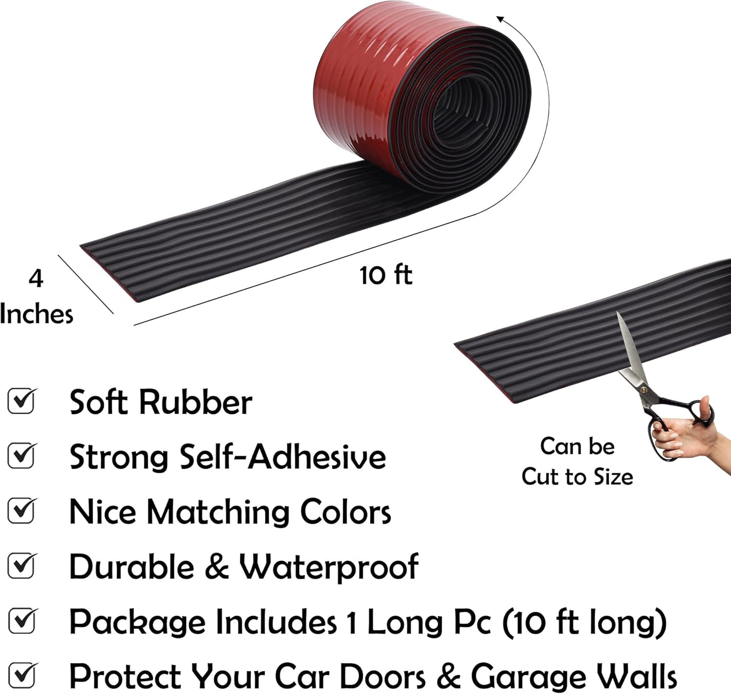 RUBBER BOND Garage Wall Protectors - 4in x 10ft Strong Self-Adhesive Rubber Bumper Protectors for Garage Walls - Heavy Duty, Waterproof and Anti-Scratch Garage Wall Protector for Car Doors (Black)