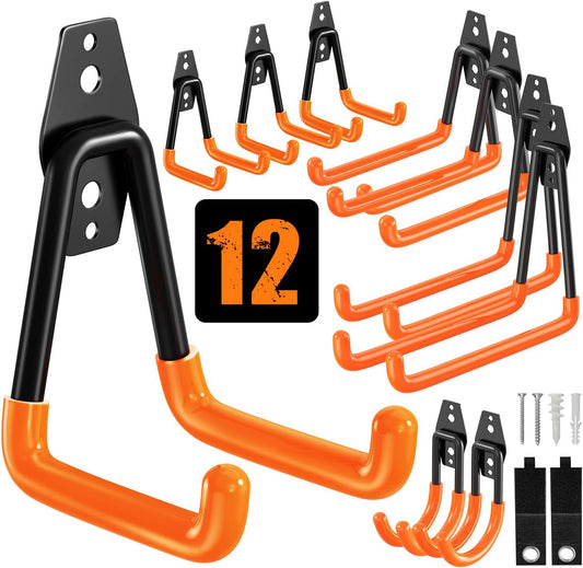 QcoQce 12 Pack Garage Hooks Heavy Duty, Utility Wall Mount Hooks for Hanging Bike, Ladder, Hose, with Extension Cord Straps and Anti-Slip Coating, Garage Organization, Includes Screws (Orange)