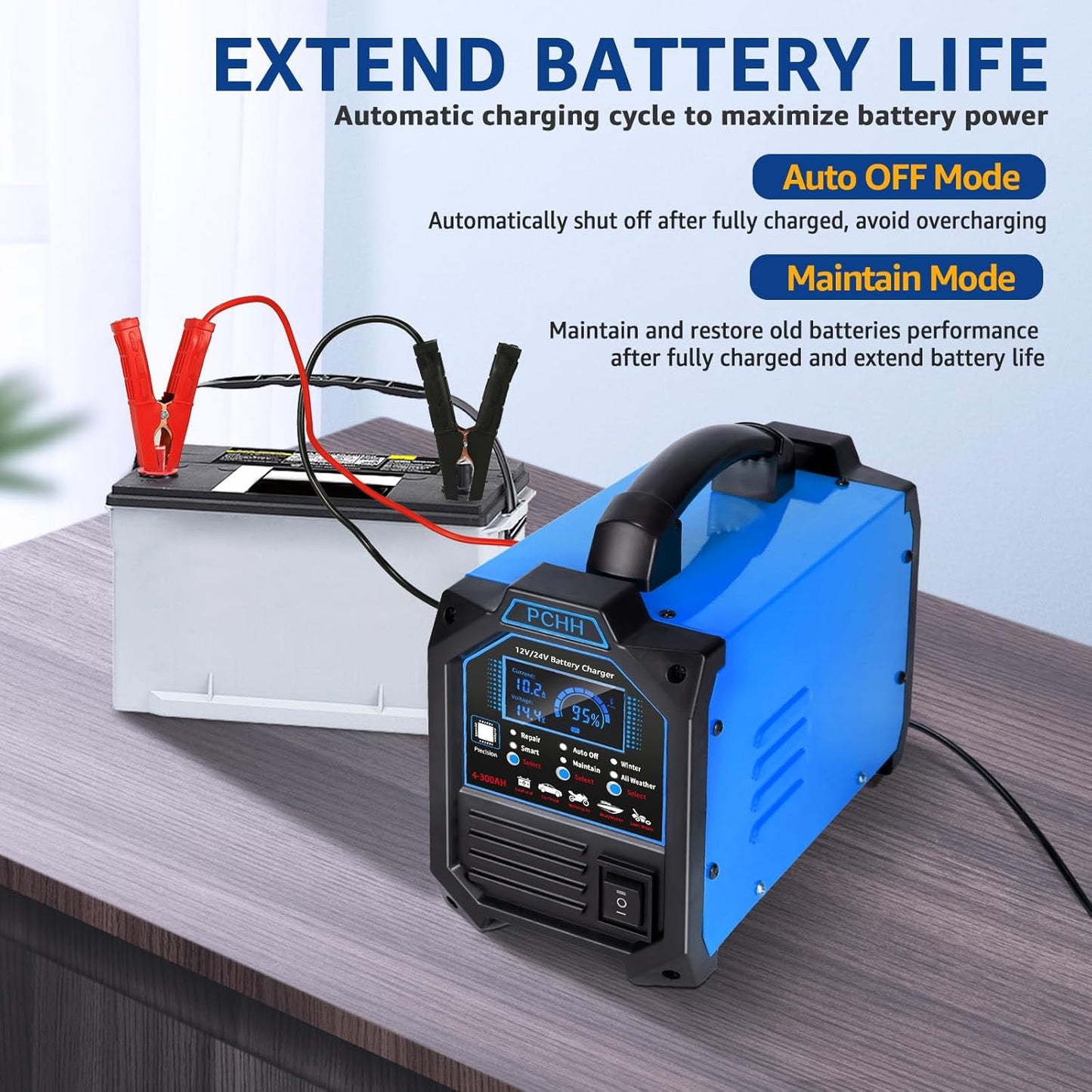 12V 24V Car Battery Charger Heavy Duty, 0-15A Automatic Battery Maintainer, Smart Trickle Charger with Auto Shutoffs, Repair, Winter Mode, for Automotive Car Truck Motorcycle Lawn Mower Boat AGM