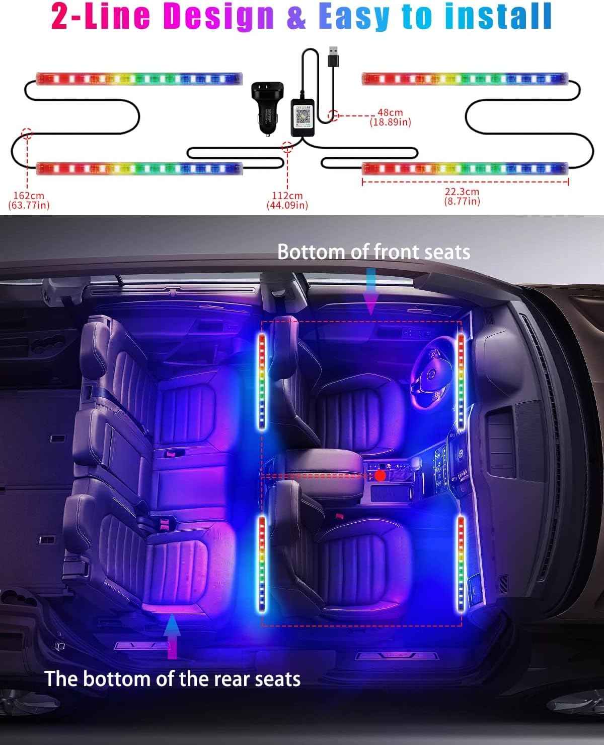 YM E-Bright RGB Car Led Strip Lights with App Control Remote Smart Interior Neon Under Dash Footwell with Car Charger USB Powered DIY Mode Music Sync Multicolor Change 2 Lines Design