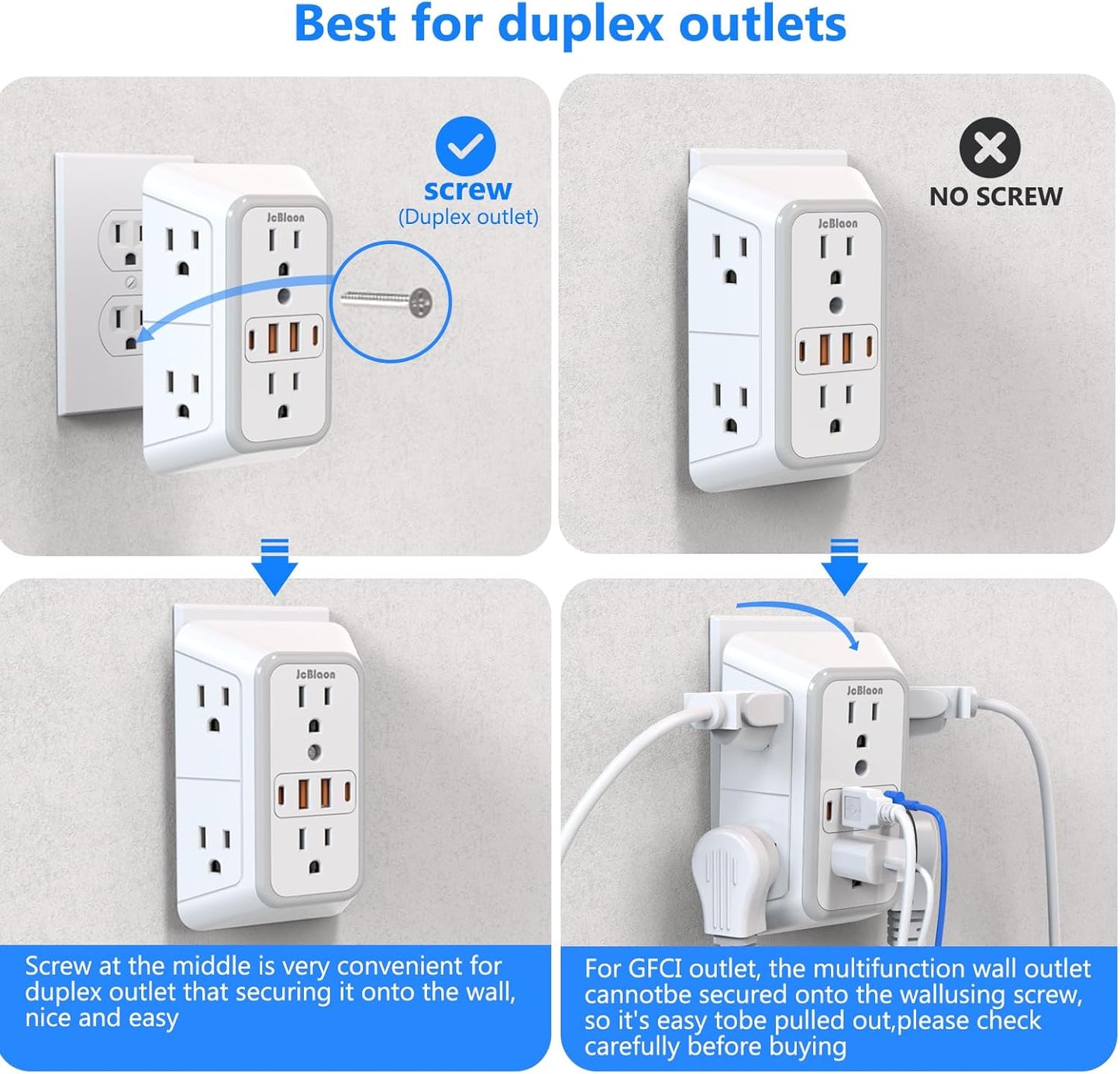 2 Pack Outlet Extender Surge Protector, 6 Outlet Splitter with 4 USB Outlet (2 USB A,2 USB C), 3Sided Power Strip with Adapter Spaced Outlets for Home, Office, Travel(White)