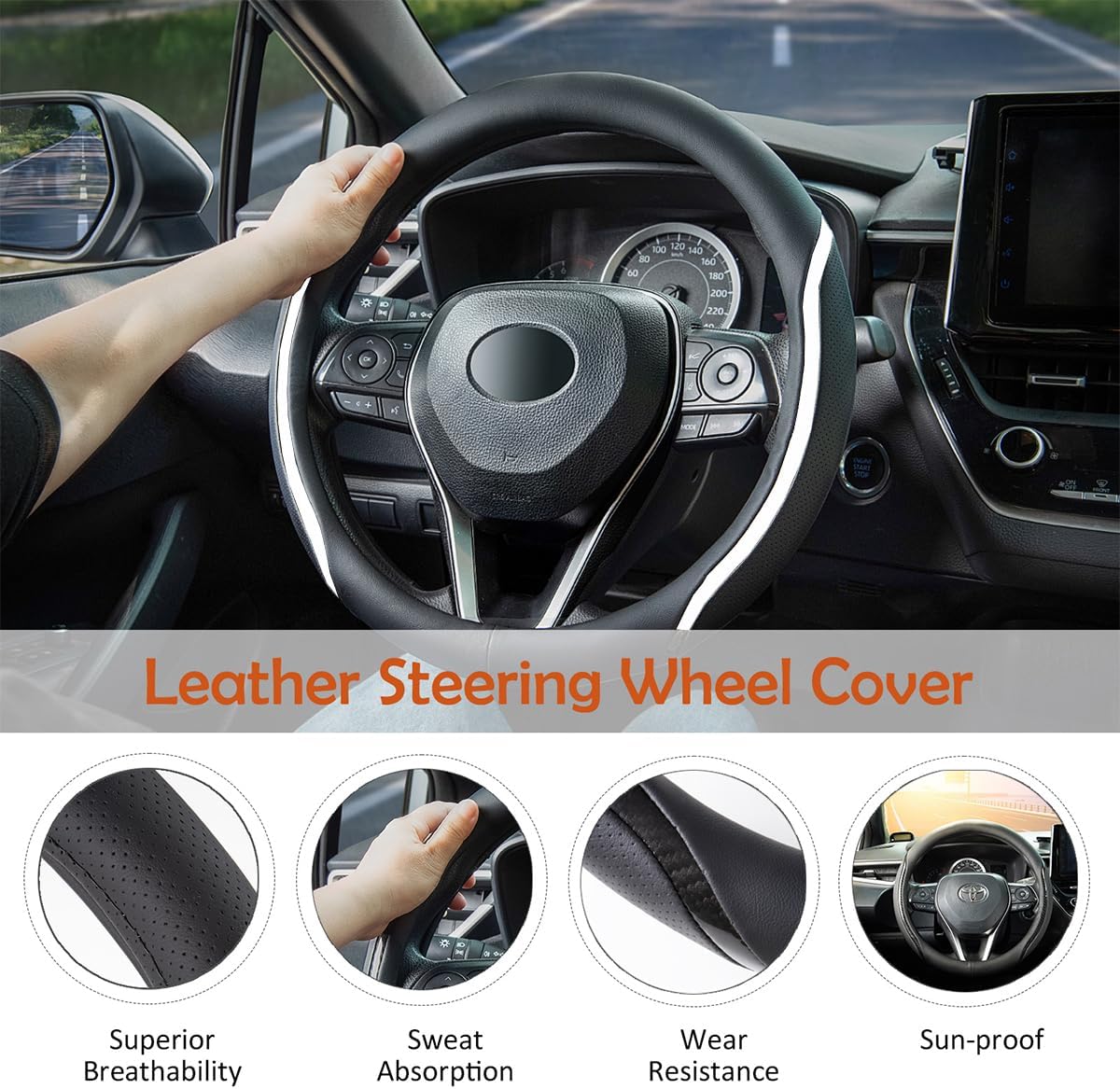 Steering Wheel Cover Black White, Carbon Fiber Car Steering Wheel Covers with Coasters Universal 14.5-15 inch Leather Microfiber Breathable Anti-Slip Steering Wheel Accessories Set
