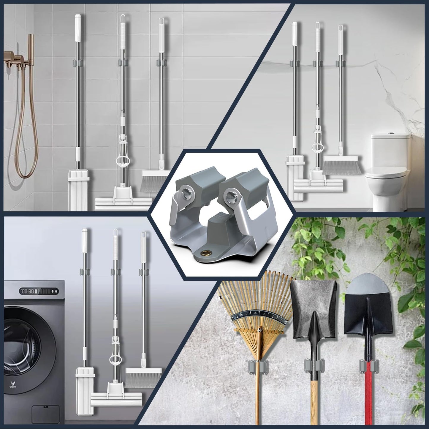 3-H Mop and Broom Holder Wall Mount 6 Pack, Broom Holder for Garage Garden Shed Storage System Laundry Room Home Kitchen Organization up to 1.45 Inch(grey)