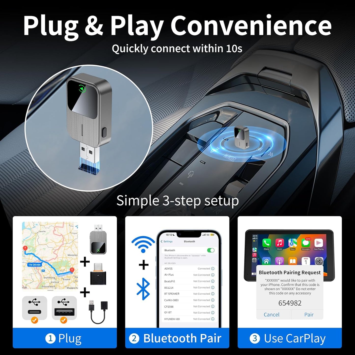 Wireless CarPlay Adapter-2025 Upgrade Built-in Wired CarPlay to Car Play Wireless Easy Use Plug&Play Fast Stable Connection Mini USB&Reset Button Design for Cars After 2016 (Only for iPhone)