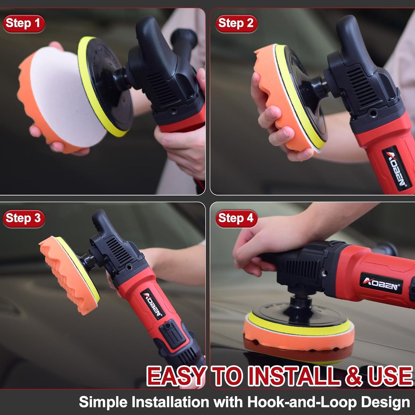 AOBEN 6/7 inch Buffer Polisher,Rotary Car Buffer,1600W Car Polisher Waxer Kit with 6 Variable Speed 1000-3500RPM & 4 Polishing Pads,Detachable Handle for Car Polishing and Waxing