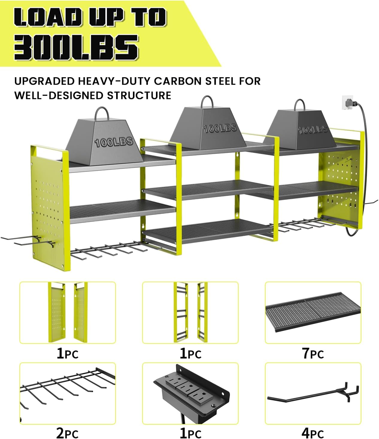 Heavy-Duty 48" Wall Mount Power Tool Organizer with Charging Station – 3-Tier Garage Organization Rack for Drills, Wrenches & Tools – Includes 16 Hooks & Pegboard Sides