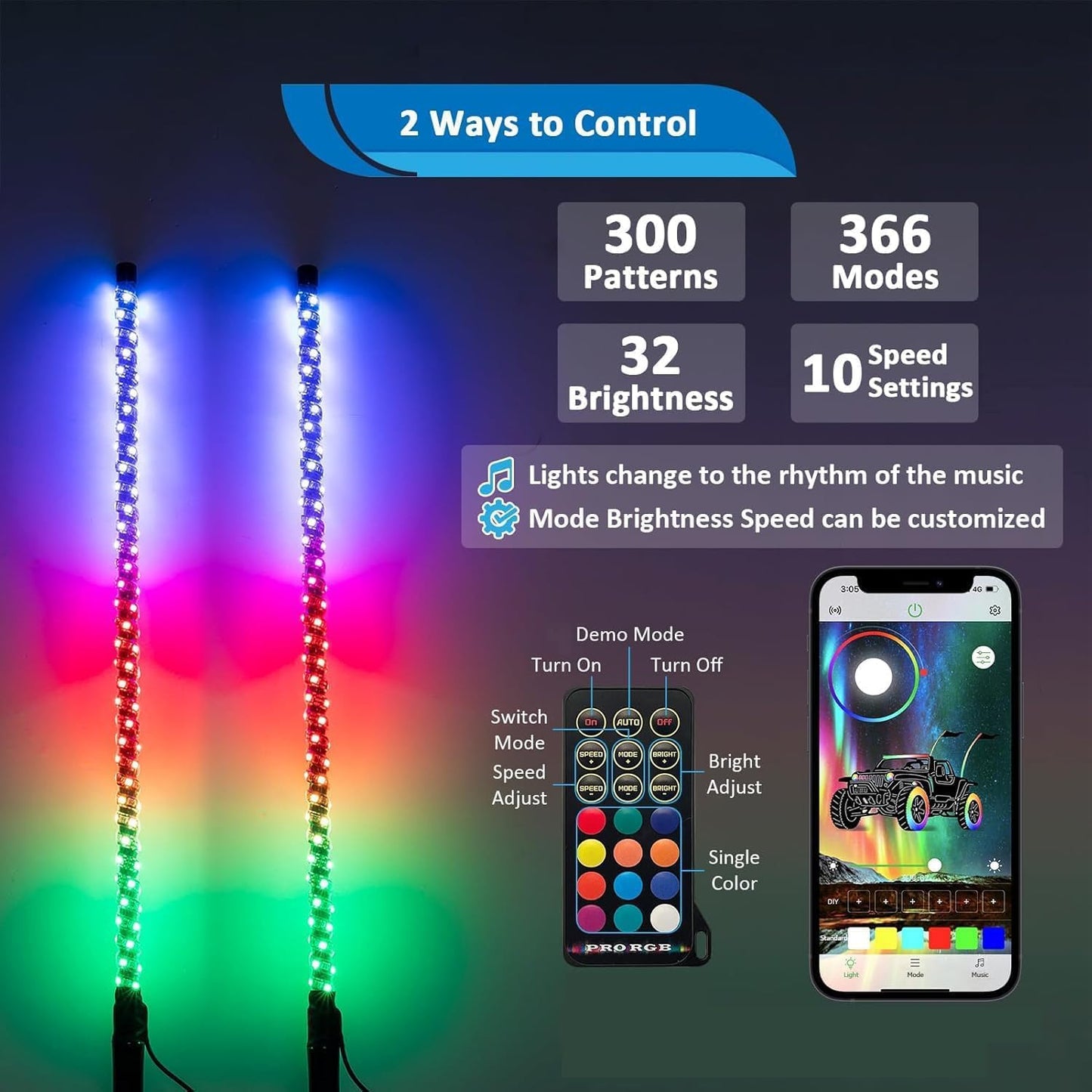 Wsays 2pcs 4ft RGB Led Whip Light with Spring Base Chasing Light with Flags and Controller Lighted Whips Fit for UTV, ATV, SUV, Car, Golf Cart, Truck, and Boat