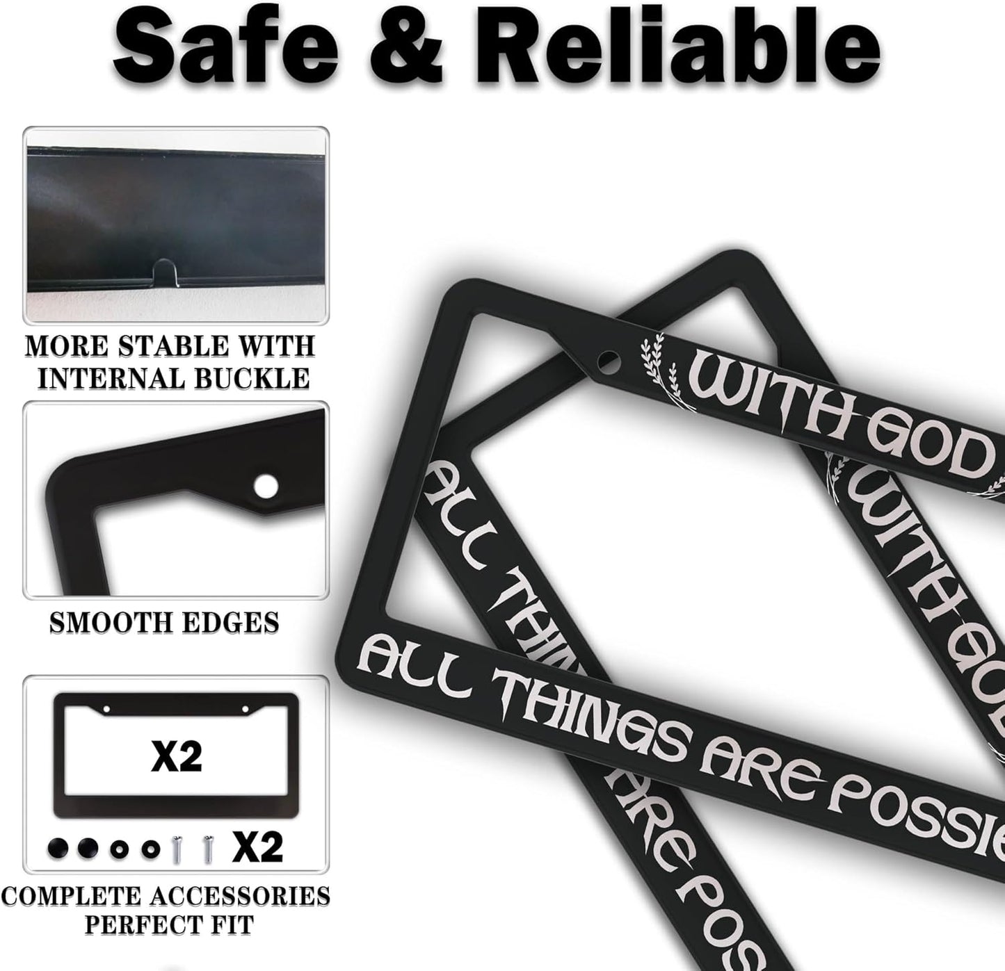 License Plate Frame Black and White Front License Plate Bracket with God All Things are Possible Universal Aluminum Car Accessory 2 Pack with Screw Covers Set