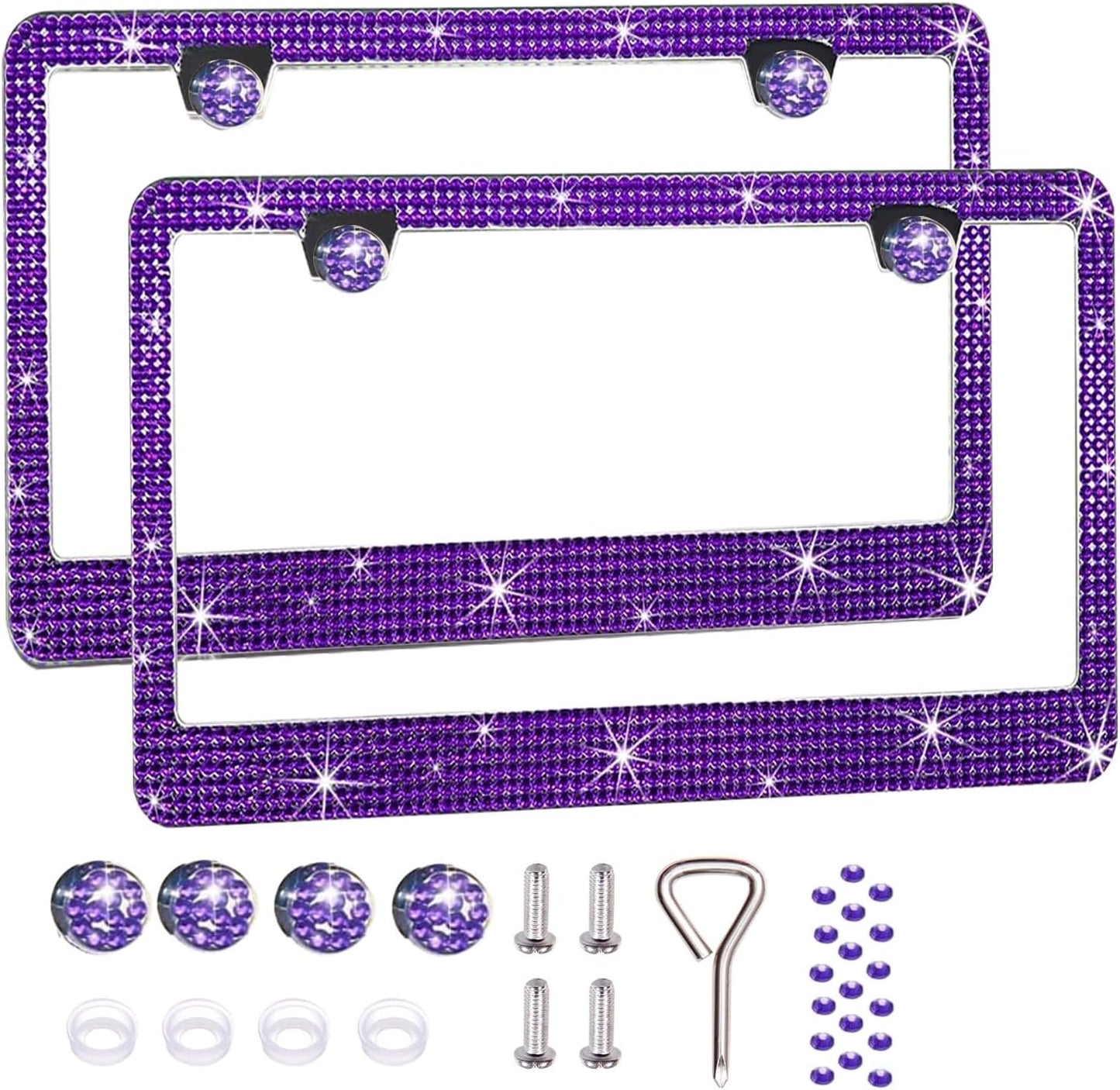 2 Pack License Plate Frames for Women, Sparkly Rhinestone Diamond Car Accessories with Glitter Crystal Caps (Violet（2PCS）)