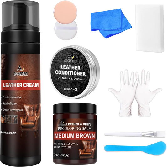 Leather Recoloring Balm Set,Leather Cleaner Restore Conditioner Mink Oil for Leather Repair Kit for Furniture Couches -Revives Repairs Scratches Leather Dye Furniture Polish (Medium Brown)