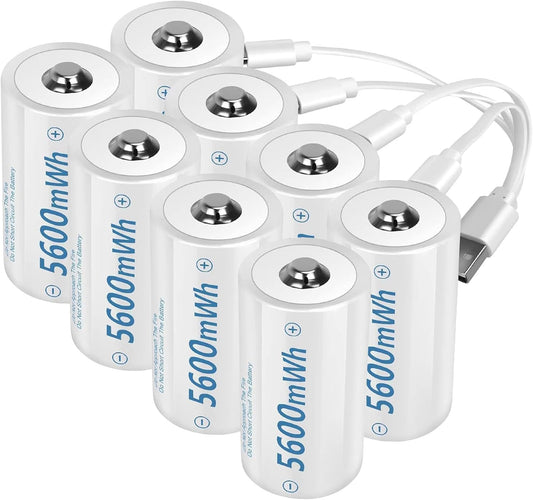 1.5V D Size Cell Battery for Flashlight Toys & floodlight,Lithium D Batteries Rechargeable 8 Pack, Rechargeable D Size Batteries with USB-C 4 in 1 Charging Cable.