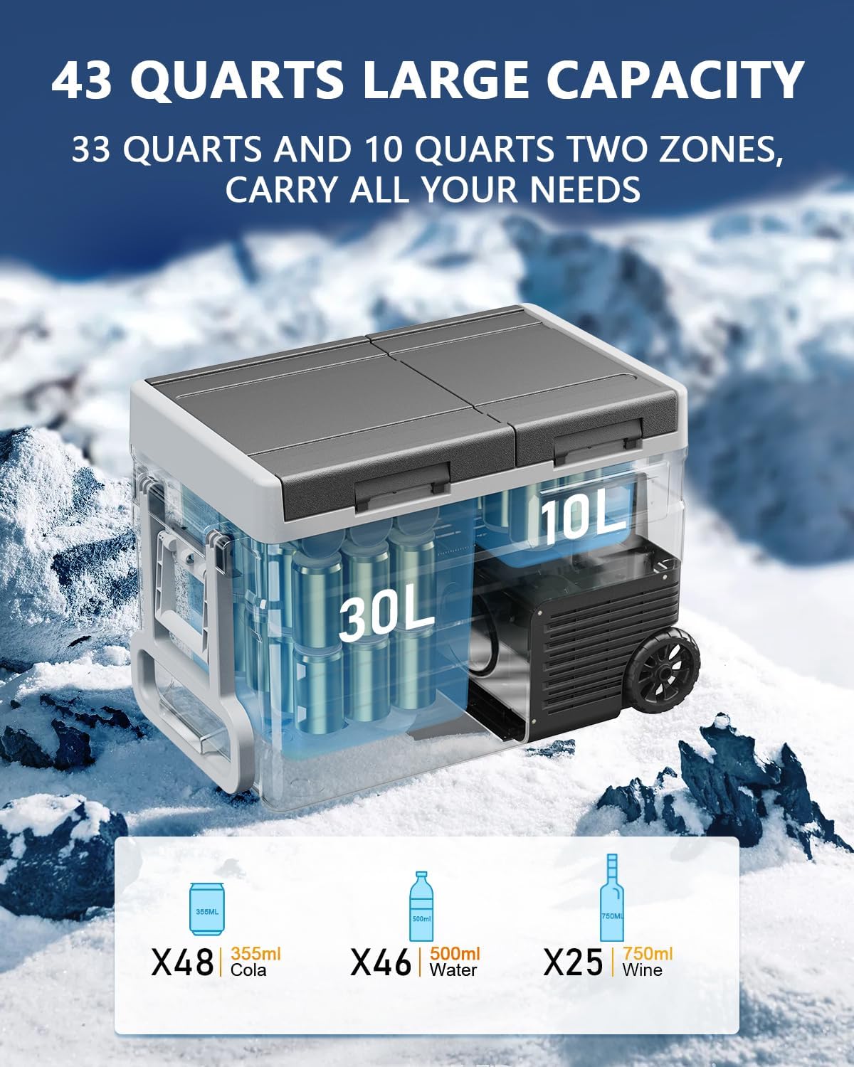 ELECAENTA 12 Volt Refrigerator, 43qt Dual Zone Car Fridge, Portable Freezer -4℉~68℉, Support DC/AC/Solar (Detachable Battery Optional), Electric Cooler for Camping Travel Fishing Road Trips