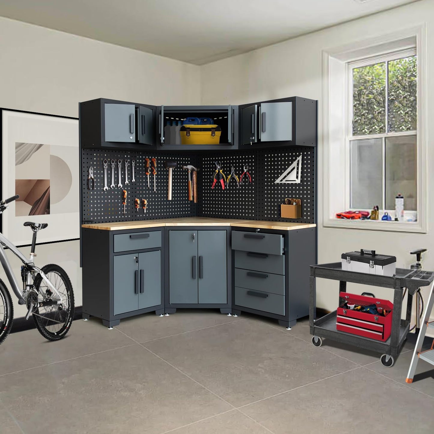 Corner Workshop Set - Garage Cabinets and Storage System with Corner Cabinet, Cabinet Drawers, Workbench, Pegboard for Tool Organization - Black and Grey