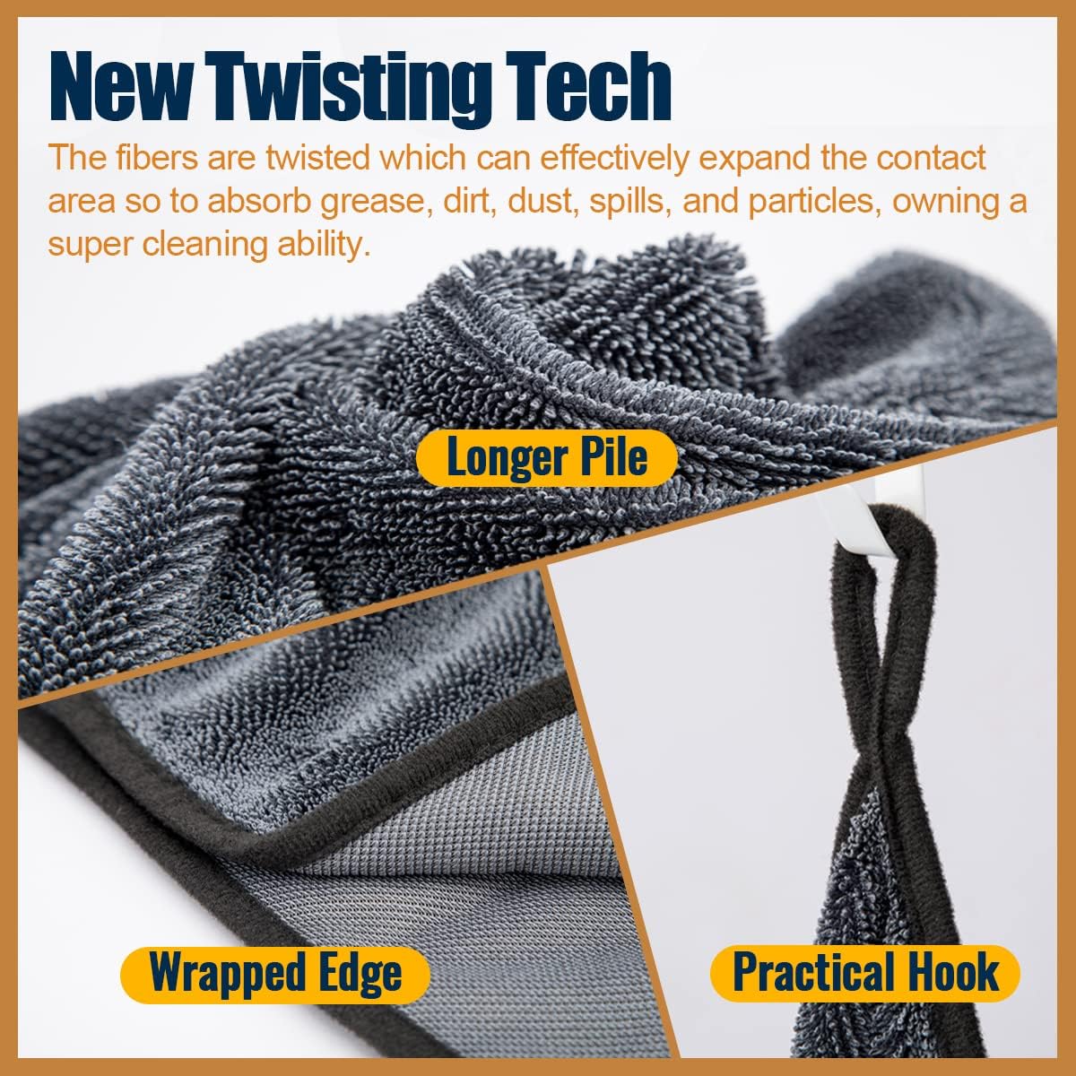 Airlab Microfiber Towels for Cars Wash Drying Super Absorbent Cleaning Cloth Auto Detailing Ultra Soft, Lint-Free, Streak-Free, 24 x 16 Inch, Pack of 2, Grey-Black, 600 GSM