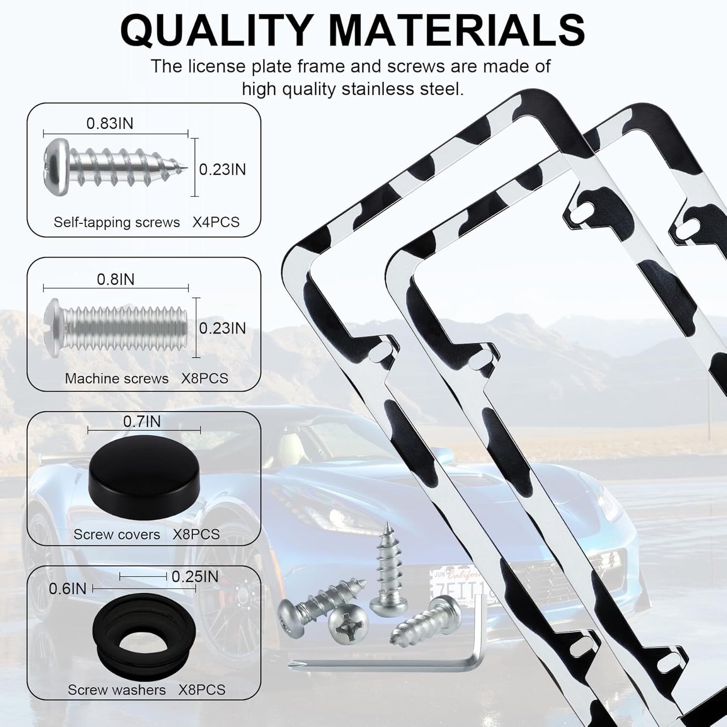 LivTee 4 Holes Stainless Steel License Plate Frames, 2 PCS Car Licence Plate Covers, Automotive Exterior Accessories Slim Design with Bolts Washer Caps for US Vehicles, Cow Spot