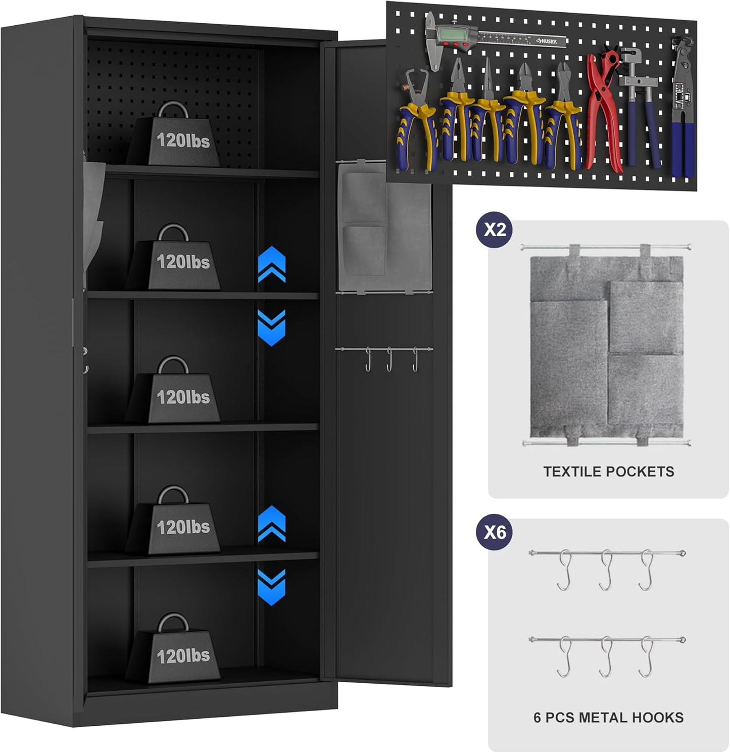 Washemba 71" Metal Garage Storage Cabinet, 2 Locked Doors and 5 Adjustable Shelves, can be Used for Storing Tools, consumables, Books, etc., for Office, Home, Garage, Gym, School (Black)