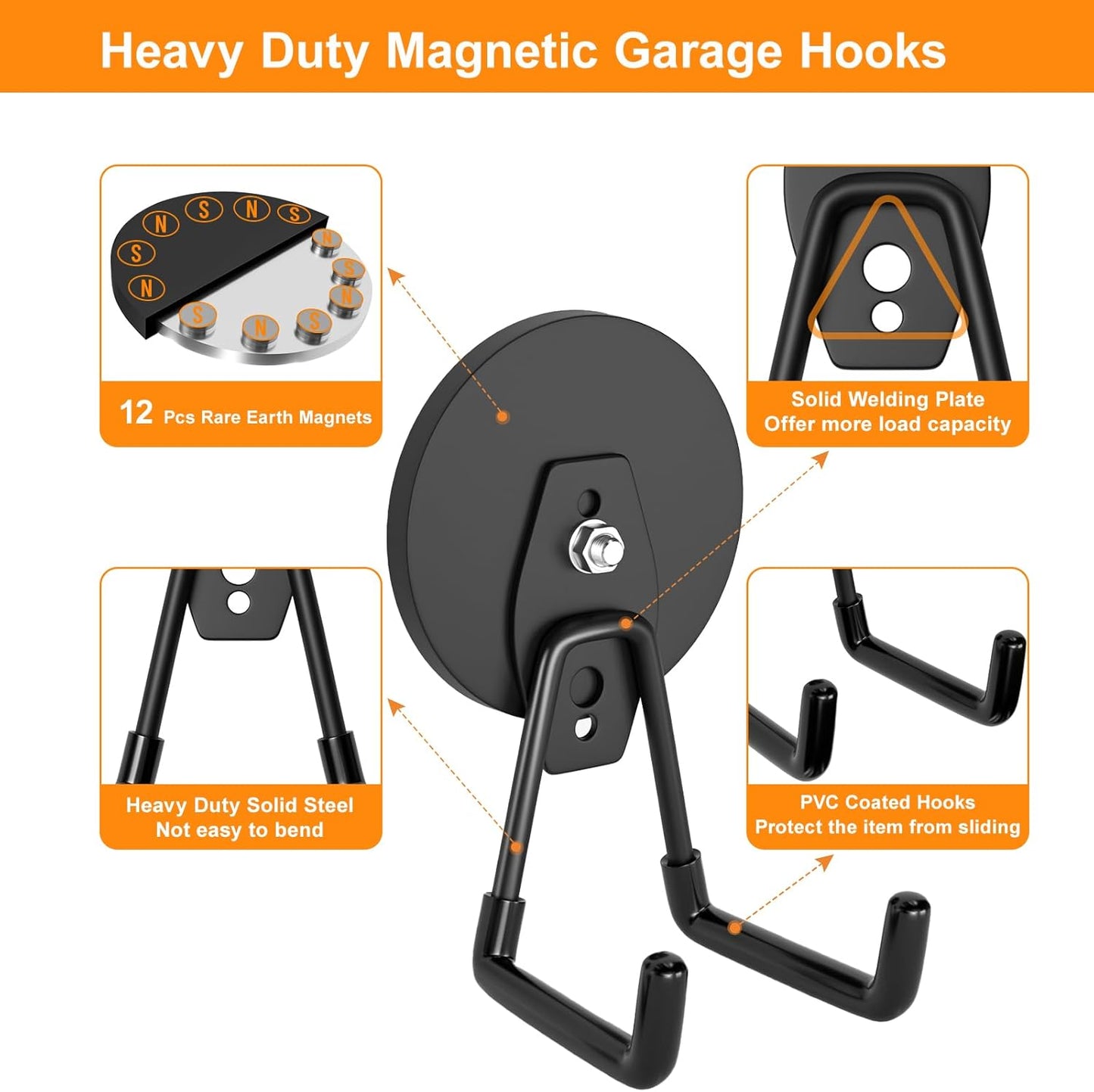 ENUODA Strong Magnetic Hooks Heavy Duty 2 Pack Garage Hooks Heavy Duty Magnet Utility Hooks for Hanging Yard Tools Extension Hose Power Tools Workshop Organization Outdoor Indoor, 25Lbs