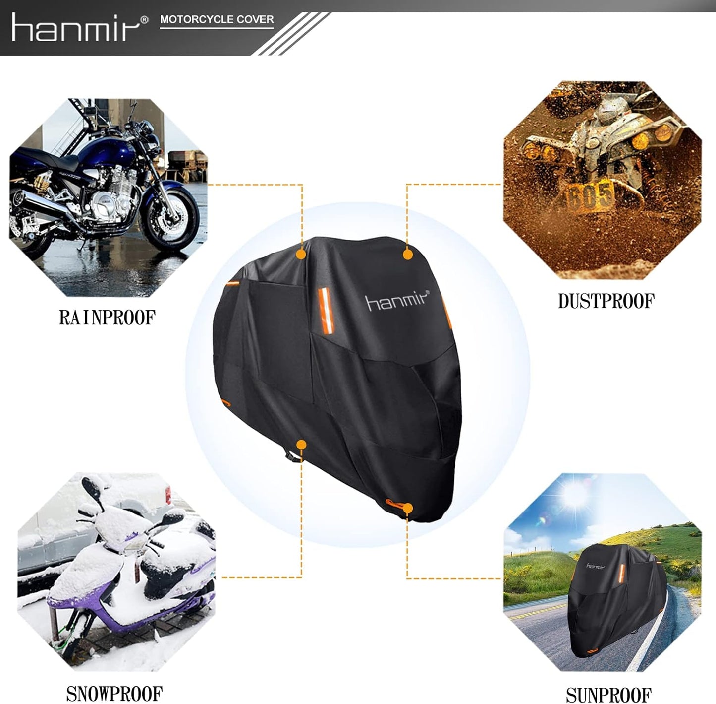 Motorcycle Cover,Motorbike Cover All Season Universal Weather Waterproof Outdoor UV Protection with 4 Reflective Strips & Storage Bag,XXXL Motorcycles Vehicle Cover
