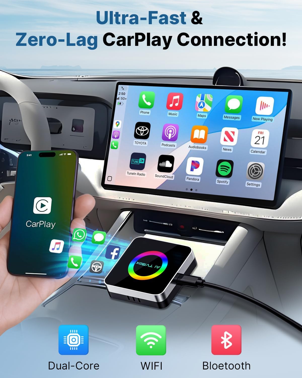 Sehawei Wireless CarPlay & Android Auto Adapter 2025 - Built-in Netflix, YouTube & TF Card Slot - Plug and Play, Convert Wired to Wireless - Compatible with 2015+ Cars, iOS 10+/Android 11+