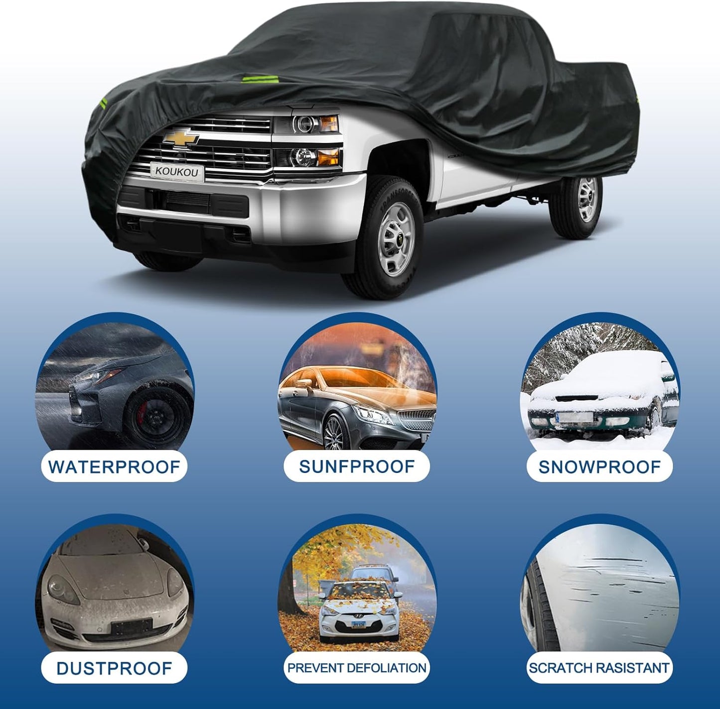 KouKou Truck Cover - Waterproof All Weather, 7 Layers Heavy Duty, Universal Fit for Ford F250 350, Chevrolet Silverado, GMC Sierra Crew Double Cab Trucks Up to 262 inches