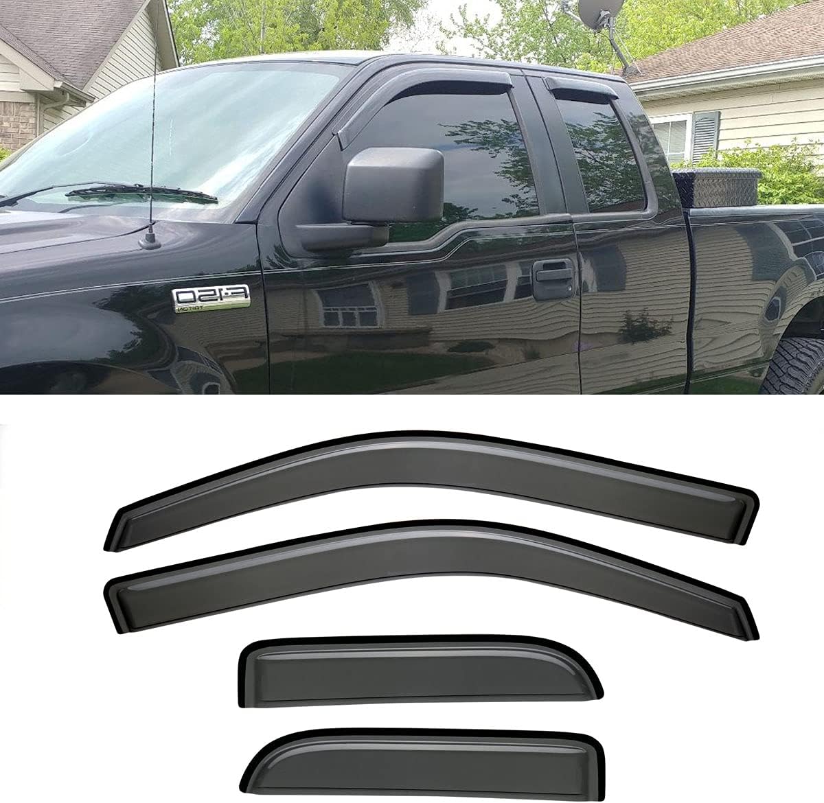 94738 Side Window Wind Deflector,4pcs Out-Channel Tape On Dark Smoke Nice Rain Guards Set, Window Visor fit for Ford F-150 2004-2014 Super/Extended Cab Only (Not Fit 2004 Heritage)