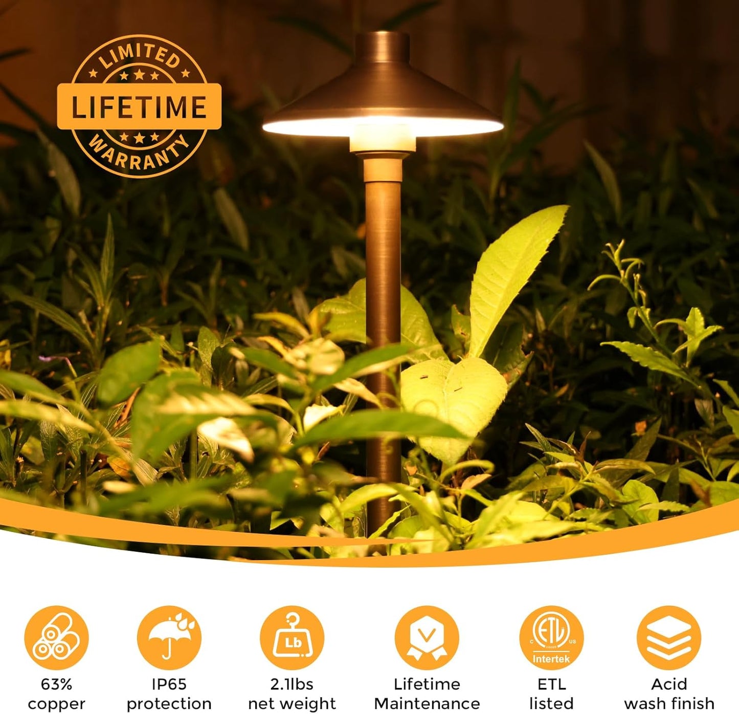 Gardencoin Solid Brass Low Voltage Pathway Lights (6.7'' Shade, 21.9'' Tall), 12V AC/DC Heavy Duty LED Landscape Path Lights Outdoor Wired, Antique Bronze Walkway Lights with Larger Stake, 4-Pack