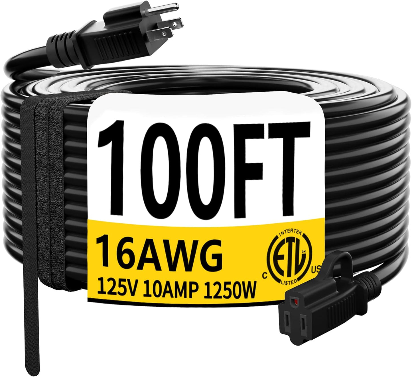 HUANCHAIN Black Outdoor Extension Cord 100 FT Waterproof, Flexible 16/3 Gauge Heavy Duty Power Cord Extension 3 Prong 10A 1250W SJTW ETL Listed