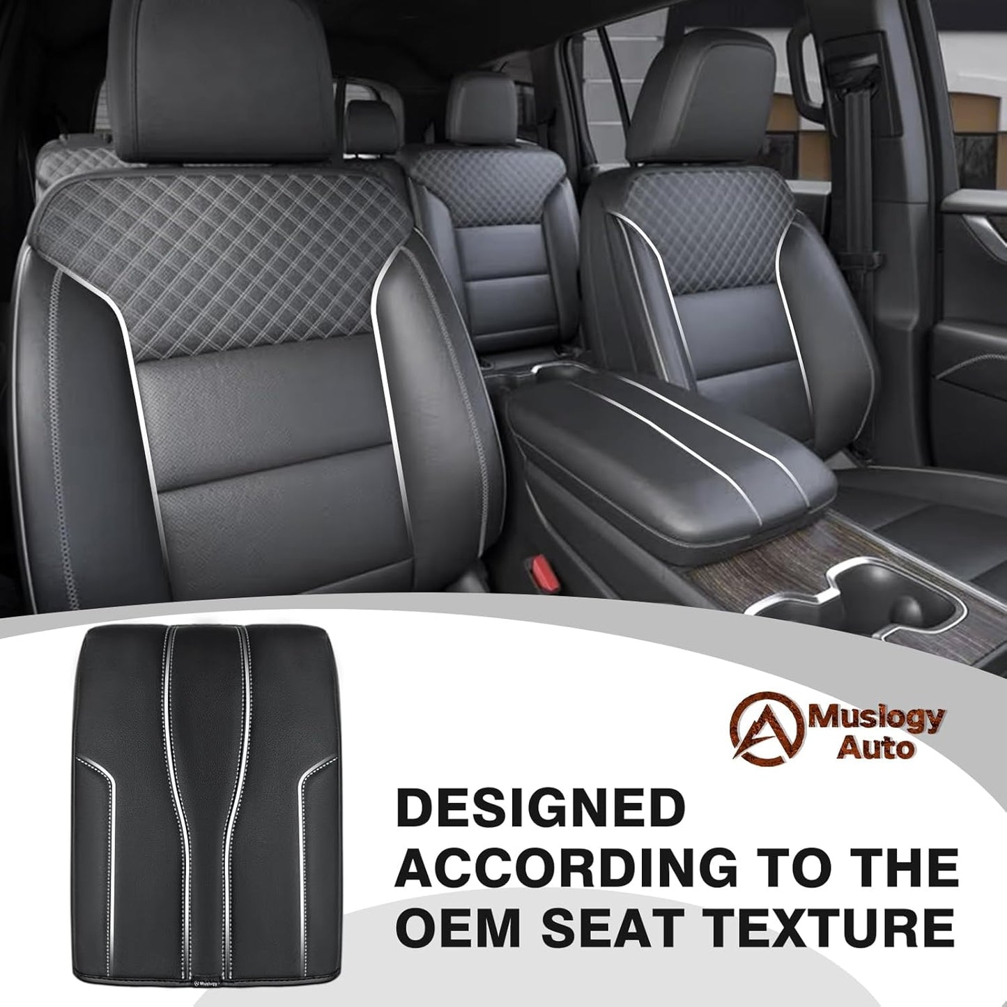 Muslogy Armrest Cover Center Console Cover Compatible with 2024 2025 GMC Acadia & Chevrolet Chevy Traverse Accessories Vegan Leather Arm Rest Middle Console Protector (Black/White Stitching)