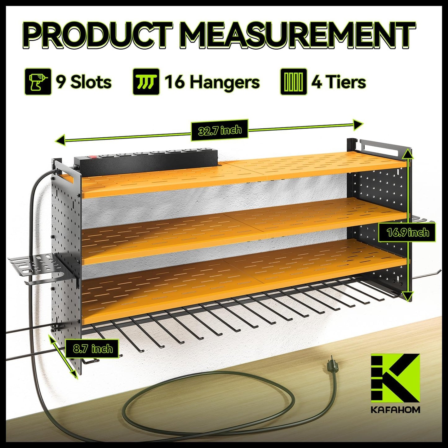KAFAHOM Power Tool Organizer with Charging Station,9 Drill Holder Wall Mount,4 Layer Durable Metal Cordless Drill Storage for Garage Organization,Battery Tool Rack Built in 7 Outlet Power Strip-Yellow