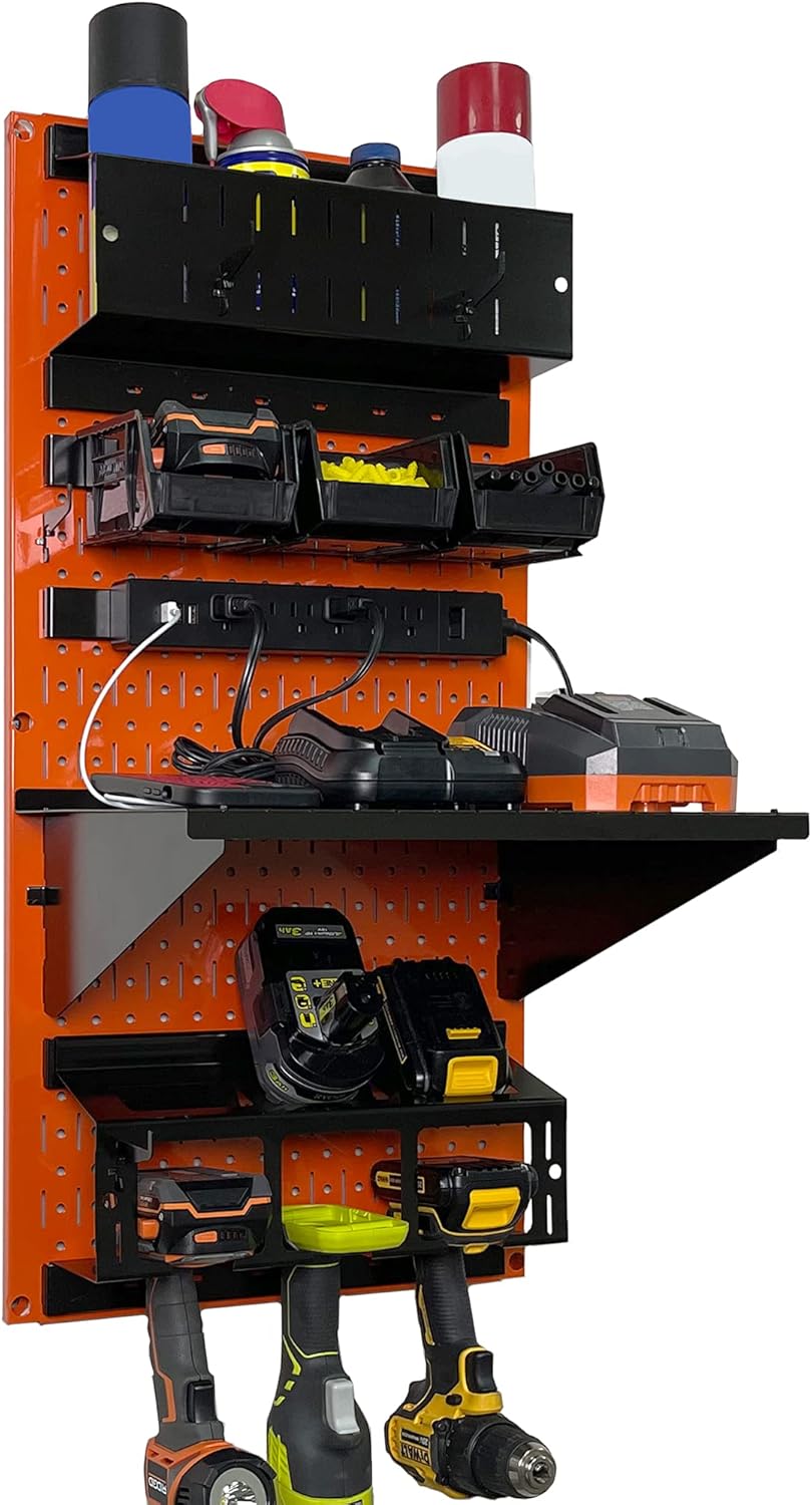 Wall Control Power Tool Storage Organizer Kit Cordless Drill Holder Charging Station Rack 16” x 32” Metal Pegboard Organization System (Orange Pegboard)