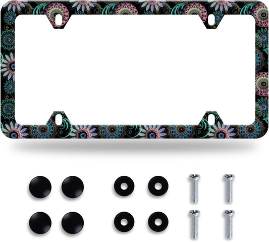 Mandala Flower License Plate Frame License Plate Stainless Steel Parts Funny License Plate Decorative with Screws Size 12.3" x 6.3" for Men Women