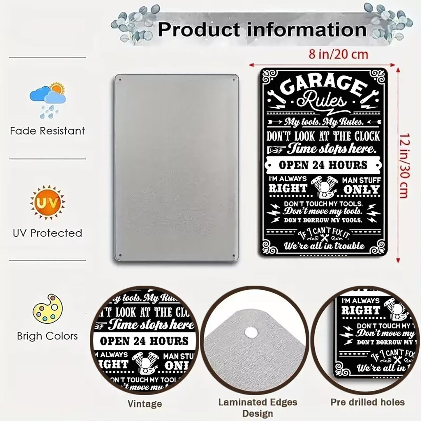 Gifts for Men Dad Husband Funny Garage Rules My Tools My Rules Tin Sign Vintage Metal Wall Art for Garage Workshop Man Cave Decor 8x12 Inch (3705)