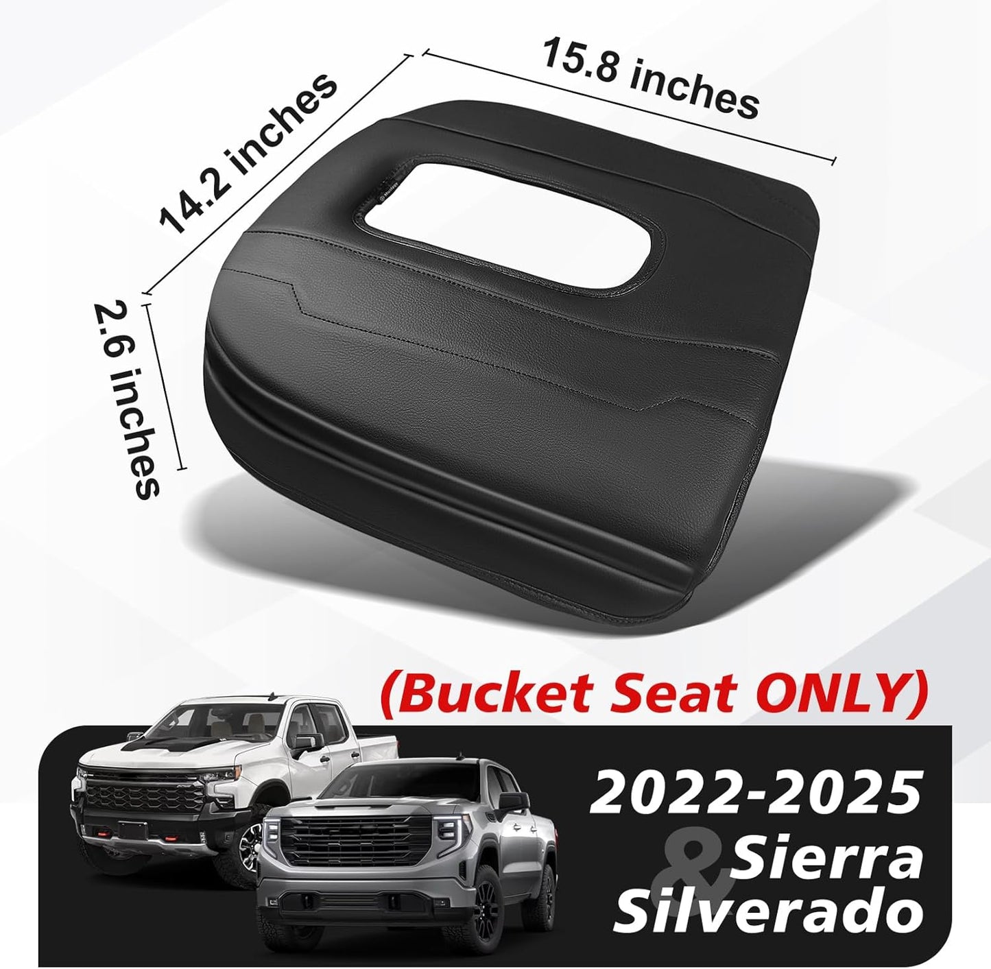 Muslogy Center Console Armrest Cover Compatible with Chevy Silverado & GMC Sierra 1500 2500 3500 2022-2025 Armrest Pad Arm Rest Cushion Vegan Leather Protector 1-Inch Extra Thick(Bucket Seat ONLY)